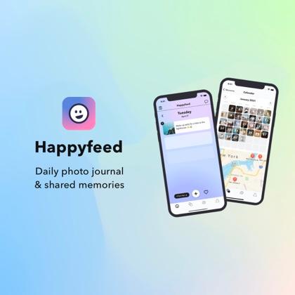 Happyfeed app on iPhone with logo and gradient background
